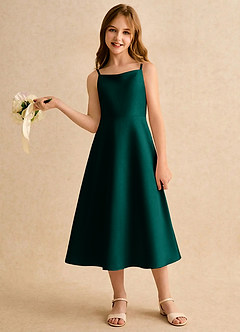 Azazie Jaella Girls Formal Blomsterpigekjoler A-Line Plisseret Mat satin Te-længde Kjole image2