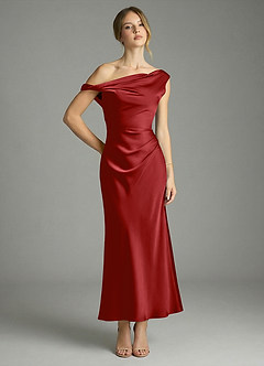 Azazie Emerson Bridesmaid Dresses Pomegranate Mermaid Off the Shoulder Stretch Satin Dress image1