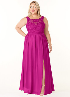 Azazie Elly Bridesmaid Dresses Fuchsia A-Line Lace Scoop Neck Chiffon Dress image7