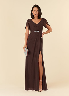 Azazie Marianne Mother of the Bride Dresses Ganache Sheath V-Neck Pleated Chiffon Dress image1