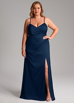 Azazie Azuree Vestidos de damas de honor Vestido de Azul Marino Oscuro de Satén Elástico de Corte en A con Plisado image11