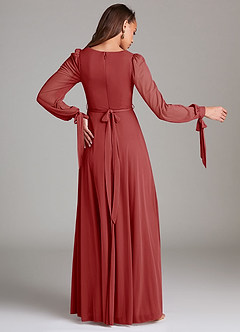 Azazie Leonia Bridesmaid Dresses Rust A-Line Long Sleeve Mesh Dress image4