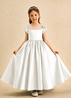 Azazie Toffee Flower Girl Dresses Ivory Ball-Gown Bow Matte Satin Dress image2