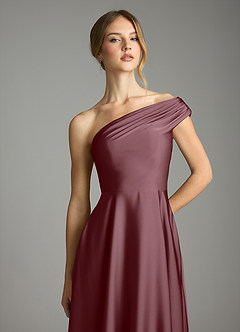 Azazie Melanie Bridesmaid Dresses Sangria A-Line Off the Shoulder Stretch Satin Dress image6