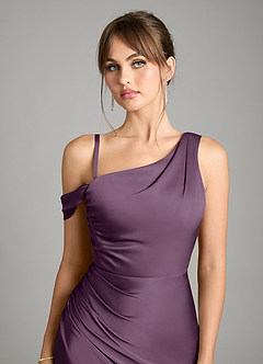 Azazie Madelyn Bridesmaid Dresses Plum Mermaid One Shoulder Stretch Satin Convertible Dress image3