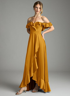 Azazie Lyra Bridesmaid Dresses Butterscotch A-Line Off the Shoulder Stretch Satin Convertible Dress image7