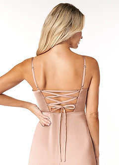 Azazie Marchella Bridesmaid Dresses Rose Gold A-Line Corset Stretch Satin Dress image3
