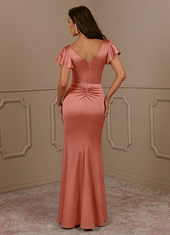 Azazie Roya Mère de la mariée Robes Robe Sirène en Satin extensible Col en V Plissé Rose Saumon image4