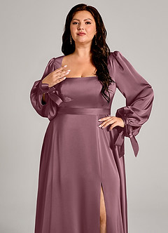 Azazie Leonia Rochii de domnișoară de onoare A-Line Mânecă lungă Satin elastic Lungime până la podea Rochie image9