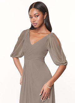 Azazie Noelia Venta Final Vestido de Gris Pardo de Malla de Corte en A con Plisado image5