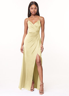 Azazie Maci Bridesmaid Dresses Lemon Sorbet A-Line V-Neck Pleated Stretch Satin Dress image1