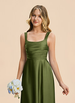 Azazie Azaria Junior Olive A-Line Pleated Stretch Satin Dress image7