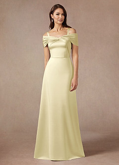 Azazie Amelia Mother of the Bride Dresses Lemon Sorbet A-Line Off the Shoulder Stretch Satin Dress image1