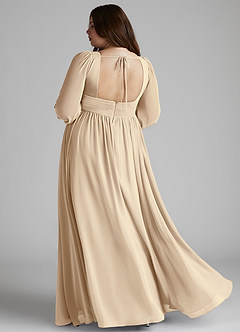 Azazie Norah At-home Try On Dresses Champagne A-Line V-Neck Long Sleeve Chiffon Dress image7