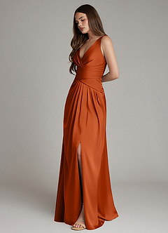 Azazie Pauline Vestidos de damas de honor Vestido de Naranja Quemada de Satén Elástico de Línea A con Plisado image6