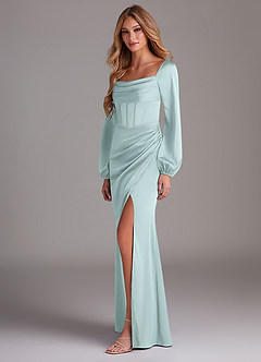 Azazie Charissa Bridesmaid Dresses Sea Glass Sheath Long Sleeve Stretch Satin Dress image5