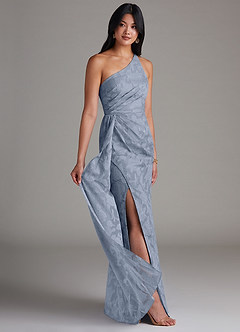 Azazie Mika Bridesmaid Dresses Dusty Blue Sheath One Shoulder Floral Burnout Dress image2