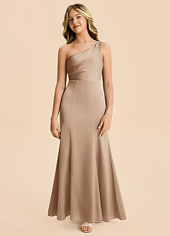 Azazie Ren Junior Taupe A-Line Pleated Stretch Satin Dress image5