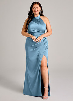 Azazie Jemma Bridesmaid Dresses Steel Blue Sheath Pleated Stretch Satin Dress image7