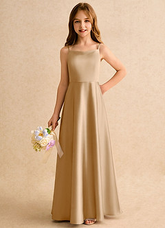 Azazie Joella Girls Formal Flower Girl Dresses Gold A-Line Pleated Stretch Satin Dress image3