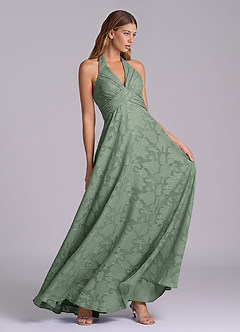 Azazie Tessie Robes de demoiselle d'honneur Robe Trapèze en Blumen-Burnout Plissée Matcha image5