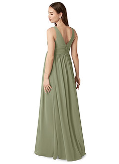 Azazie Yetta At-home Try On Dresses A-Line V-Neck Gathered Chiffon Floor-Length Dress image5