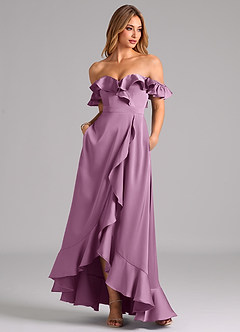 Azazie Lyra Bridesmaid Dresses Wisteria A-Line Off the Shoulder Stretch Satin Convertible Dress image3
