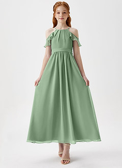 Azazie Chaya Junior Vestido de Matcha de Gasa de Corte En A con Vestidos sin tirantes image4