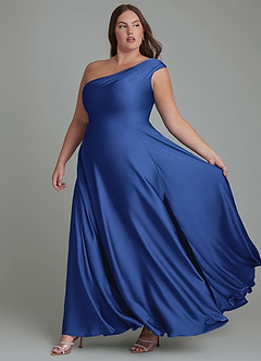 Azazie Melanie Vestidos de damas de honor Vestido Azul Real de Satén Elástico de Línea A con Hombros descubiertos image4