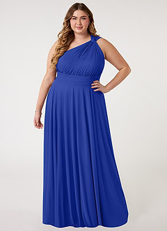 Azazie Charlize Vestidos de damas de honor Vestido de Azul Real de Malla de Corte en A con Hombro unilateral image6