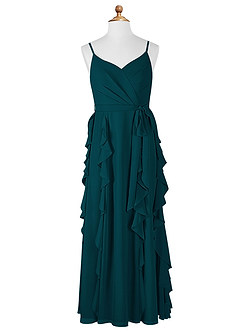 Azazie Peyton Junior A-Linie Kaskadierende Rüschen mit V-Ausschnitt Chiffon Kleid Kiefer image6