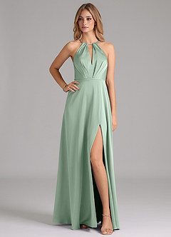 Azazie Evalleen Bridesmaid Dresses Agave A-Line Pleated Stretch Satin Dress image1