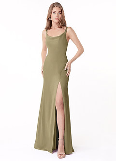 Azazie Salma Robes de demoiselle d'honneur Robe Fourreau en Mousseline de soie Fente Latérale Vert Mousse image1