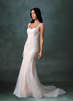 Azazie Veronica At-home Try On Dresses Diamond White Champagne Mermaid Tulle Dress image3
