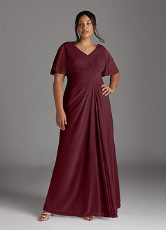 Azazie Emmeline Mother of the Bride Dresses Cabernet A-Line V-Neck Pleated Mesh Dress image9