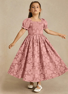 Azazie Joss Robe Demoiselle D'honneur Fillette Robe Trapèze en Blumen-Burnout avec manches Rosette image3