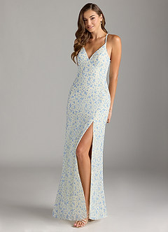 Azazie Becca Robes de demoiselle d'honneur Robe Fourreau en Mousseline de soie Col en V Floral Azur image5