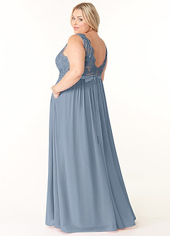 Azazie Elly Robes de demoiselle d'honneur Robe Trapèze en Mousseline de soie Encolure dégagée en dentelle Bleu Poussiéreux image10