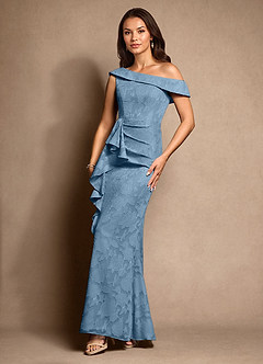 Azazie Hamptons Abiti per la Madre della Sposa Abito A-Line in Burnout Floreale Plissettato Blu Acciaio image5