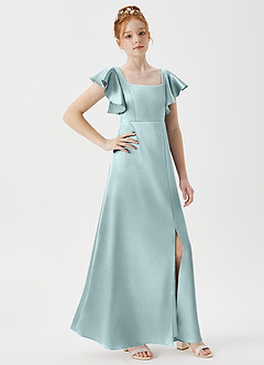 Azazie Bondi Junior Robe Trapèze en Satiné métallisé Fente Latérale Brume image3