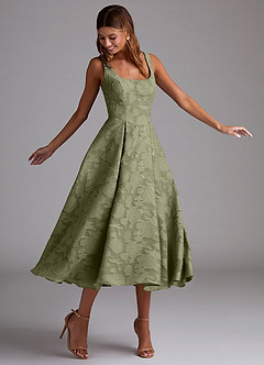 Azazie Amalie Vestidos de damas de honor Vestido de Pistacho de Devorado Floral de Corte en A con Plisado image3