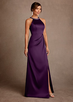 Azazie Lawrence Mother of the Bride Dresses Grape A-Line Pleated Stretch Satin Dress image4