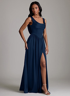 Azazie Novi Brautjungfernkleider A-Linie mit Taschen Stretch-Satin Kleid Dunkelmarine image5