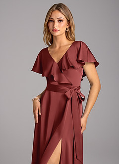 Azazie Lainey Bridesmaid Dresses Terracotta A-Line with Pockets Stretch Satin Dress image6
