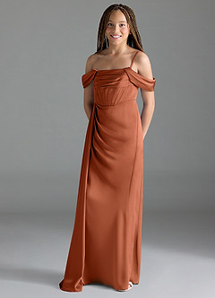 Azazie Amyra Junior Cedar Rose Sheath Off the Shoulder Stretch Satin Dress image4