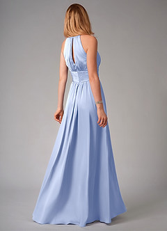 Azazie Bonnie At-home Try On Dresses Dusty Blue A-Line Pleated Stretch Satin Dress image2