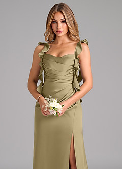 Azazie Jessamine Bridesmaid Dresses Moss Green A-Line Corset Stretch Satin Dress image7