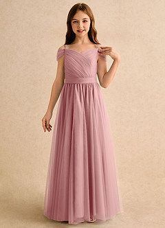 Azazie Yuna Girls Formal Abiti da Ragazza di Fiori Abito A-Line in Tulle Spalle Scoperte Rosa Polverosa image6