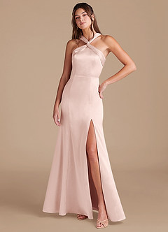 Azazie Rue Bridesmaid Dresses Blushing Pink Mermaid Pleated Metallic Satin Dress image3