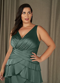 Azazie Viola Mother of the Bride Dresses Sea Moss A-Line Pleated Stretch Satin Dress image9